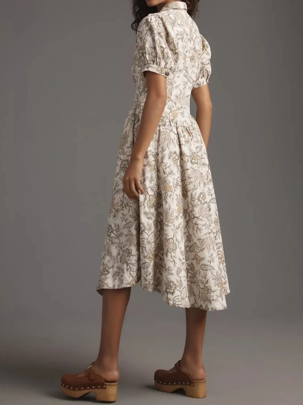Floral Button-Front Midi Dress in Cream and Brown - Picture 3 of 14